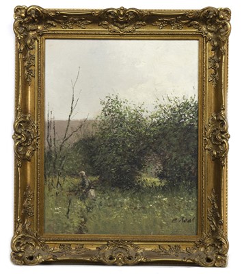 Lot 138 - WOMAN GATHERING WOOD, AN OIL BY CHARLES NEAL