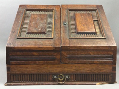 Lot 97 - A LATE VICTORIAN OAK STATIONERY BOX AND A SMITHS MANTEL CLOCK