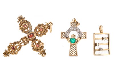 Lot 410 - A NINE CARAT GOLD IONA CROSS PENDANT AND OTHERS