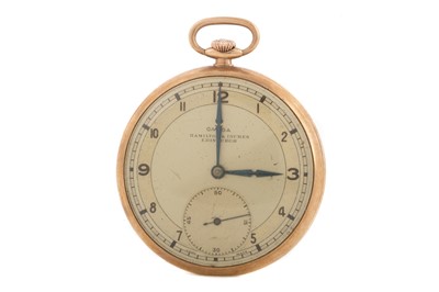 Lot 828 - AN OMEGA NINE CARAT GOLD OPEN FACE POCKET WATCH