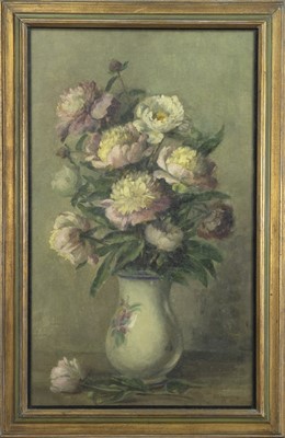 Lot 361 - STILL LIFE CHRYSANTHEMUMS IN A CERAMIC VASE, AN OIL BY FLORENCE AGNES MACKAY