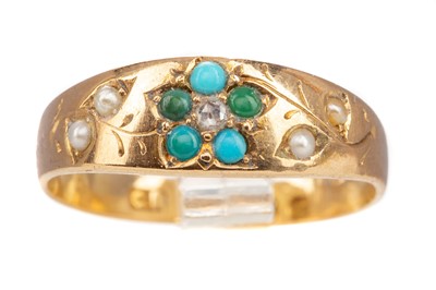 Lot 416 - A TURQUOISE, DIAMOND AND PEARL RING