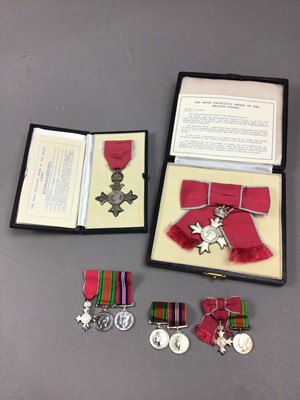 Lot 466 - A LOT OF TWO MBE MEDALS WITH RIBBONS, IN THEIR CASES, AND MEDAL MINIATURES