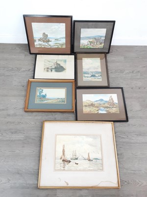 Lot 521 - SAILING SHIPS, A WATERCOLOUR BY D MARTIN, ALONG WITH SIX OTHER PRINTS