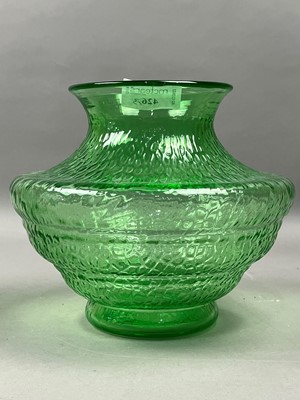 Lot 426 - AN ART DECO GREEN GLASS VASE, ANOTHER VASE AND BOWL