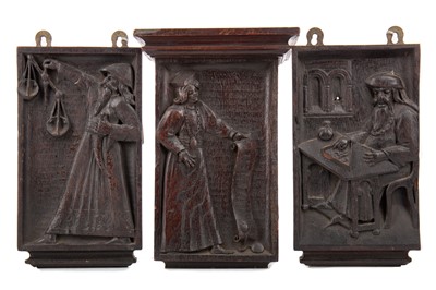 Lot 810 - THREE BAS-RELIEF CARVED AND STAINED WOODEN WALL PANELS