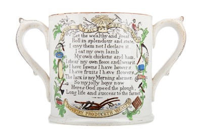 Lot 812 - A VICTORIAN STAFFORDSHIRE POTTERY TWIN-HANDLED HARVEST MUG