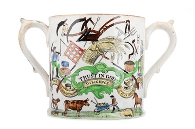 Lot 812 - A VICTORIAN STAFFORDSHIRE POTTERY TWIN-HANDLED HARVEST MUG