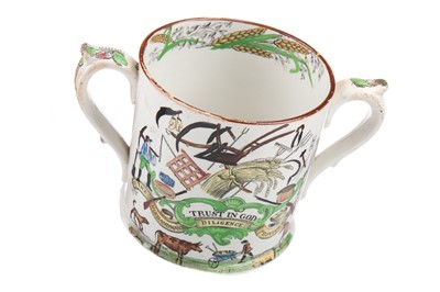 Lot 812 - A VICTORIAN STAFFORDSHIRE POTTERY TWIN-HANDLED HARVEST MUG