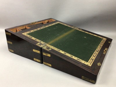 Lot 501 - A VICTORIAN ROSEWOOD AND BRASS BOUND PORTABLE WRITING BOX