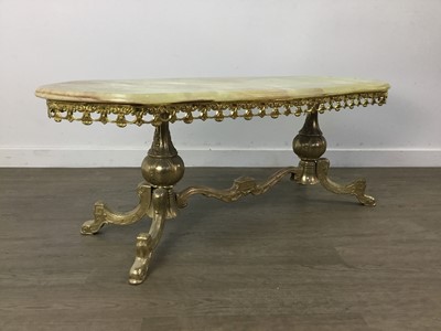 Lot 600 - A BRASS COFFEE TABLE, NEST OF TABLES AND ANOTHER