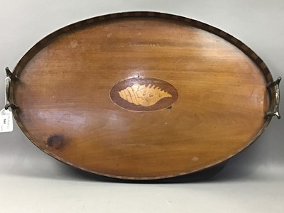 Lot 505 - AN EDWARDIAN INLAID MAHOGANY OVAL TRAY AND TWO OTHER TRAYS