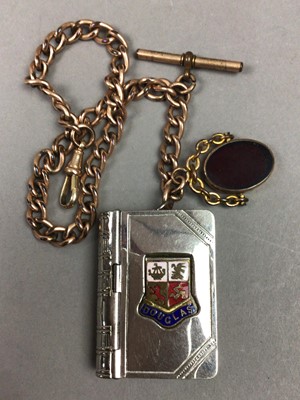 Lot 10 - A ROLLED GOLD CURB LINK ALBERT WITH SWIVEL FOB AND VESTA AND OTHER ITEMS