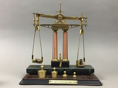 Lot 639 - A SET OF REPRODUCTION BRASS SCALES, WEIGHTS AND OTHER METAL WARE