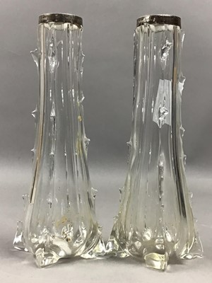 Lot 692 - TWO DECORATIVE GLASS VASES AND A GLASS JUG