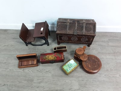 Lot 731 - A CARVED WOOD CASKET AND OTHER WOOD ITEMS