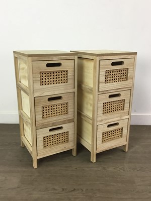 Lot 735 - A PAIR OF THREE DRAWER WOOD STORAGE UNITS AND A LIDDED BOX