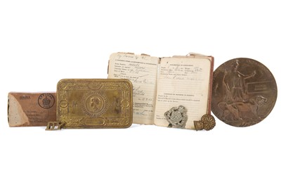 Lot 61 - A WWI DEATH PLAQUE FOR GEORGE RAEBURN, ALONG WITH A SERVICE BOOK AND OTHER PIECES
