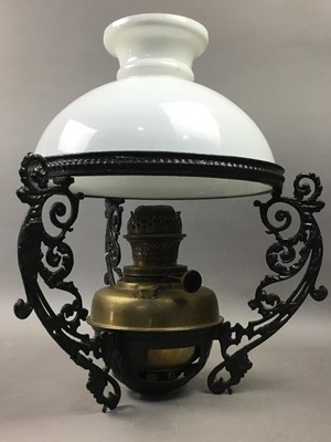 Lot 779 - VICTORIAN CEILING OIL LAMP AND AN IRON PAN