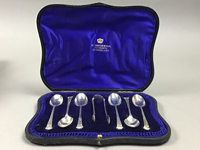 Lot 23 - A SET OF SIX SILVER COFFEE SPOONS AND TONGS, ALONG WITH CAKE FORKS