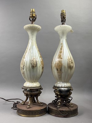 Lot 518 - A PAIR OF GLASS AND BRASS TABLE LAMPS AND TWO OTHER LAMPS