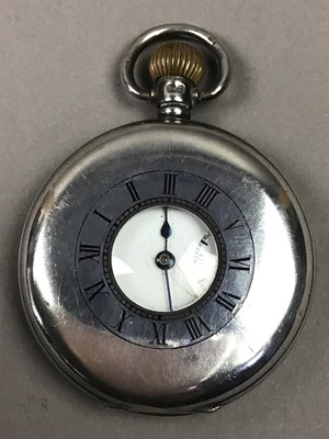 Lot 46 - TWO SILVER POCKET WATCHES, A SILVER FOB WATCH AND A PLATED POCKET WATCH