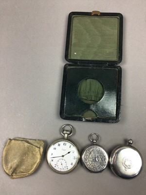 Lot 46 - TWO SILVER POCKET WATCHES, A SILVER FOB WATCH AND A PLATED POCKET WATCH