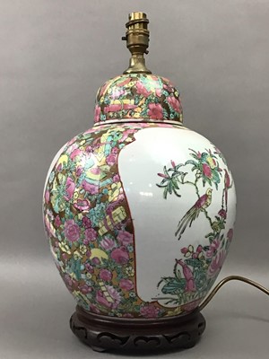 Lot 124 - A CHINESE TABLE LAMP AND A CERAMIC STICK STAND