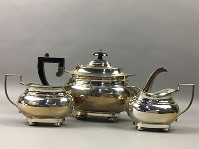 Lot 146 - A SILVER PLATED THREE PIECE TEA SERVICE AND OTHER PLATED WARE