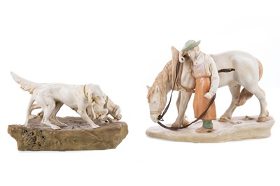 Lot 830 - A ROYAL DUX FIGURE GROUP OF TWO HUNTING DOGS AND A FURTHER SIMILAR FIGURE