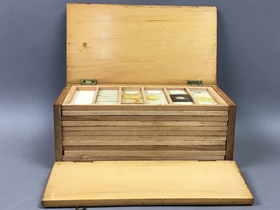 Lot 207 - A BOX OF MICROSCOPE SLIDES AND A WOODEN BOX