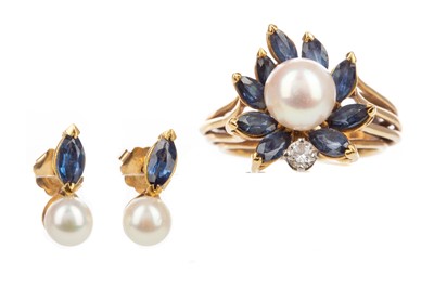 Lot 555 - A SAPPHIRE, DIAMOND AND PEARL RING AND A PAIR OF EARRINGS