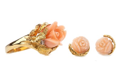 Lot 562 - A CORAL AND DIAMOND ROSE RING AND A PAIR OF EARRINGS