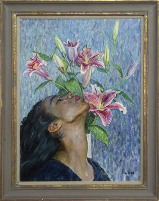 Lot 36 - PROFILE OF GIRL WITH FLOWERS, AN OIL BY GEOFF SQUIRE