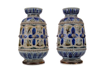 Lot 837 - A PAIR OF 19TH CENTURY DOULTON LAMBETH STONEWARE VASES