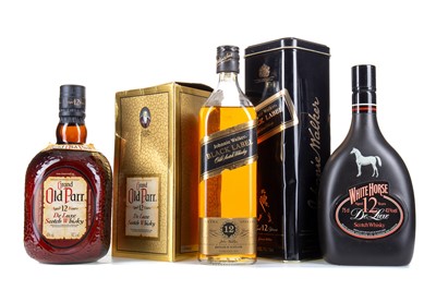 Lot 59 - WHITE HORSE 12 YEAR OLD 75CL, GRAND OLD PARR 12 YEAR OLD 1L AND JOHNNIE WALKER 12 YEAR OLD BLACK LABEL 75CL