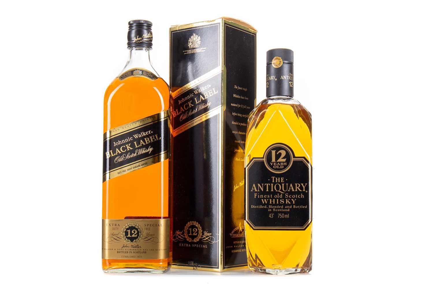 Lot 61 - ANTIQUARY 12 YEAR OLD 75CL AND JOHNNIE WALKER 12 YEAR OLD BLACK LABEL 1L