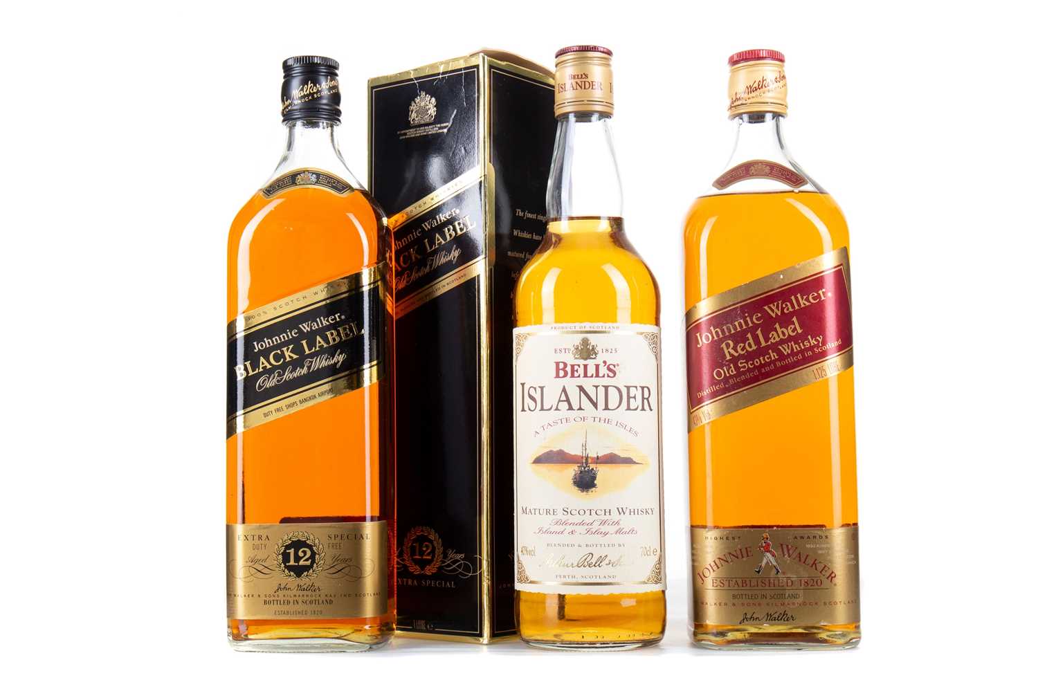 Lot 122 - BELL'S ISLANDER, JOHNNIE WALKER RED LABEL 1.125L AND 12 YEAR OLD BLACK LABEL 1L