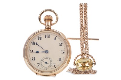 Lot 862 - A GOLD PLATED OPEN FACE POCKET WATCH WITH A NINE CARAT GOLD DOUBLE ALBERT CHAIN