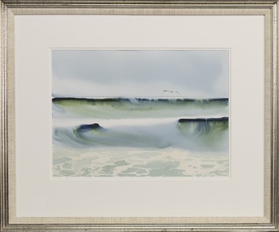 Lot 54 - HIGH SEA FROM ISLAY, A WATERCOLOUR BY BILL WRIGHT
