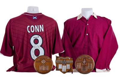 Lot 1557 - ALFIE CONN SR. OF HEART OF MIDLOTHIAN F.C., HIS CAREER MEDALS AND SCOTTISH CUP WINNING SHIRT