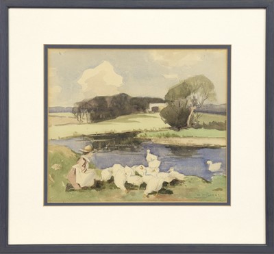 Lot 378 - FEEDING DUCKS, A WATERCOLOUR BY WILLIAM HANNA CLARKE