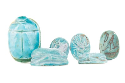 Lot 123 - A LOT OF SIX ANCIENT EGYPTIAN FAIENCE SCARAB SEALS