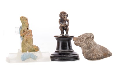 Lot 124 - TWO SMALL ANCIENT EGYPTIAN AMULET FIGURES AND A FURTHER EXAMPLE