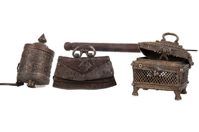 Lot 410 - TIBETAN FLINT POUCH AND PRAYER WHEEL