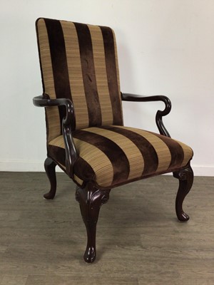 Lot 214 - A MAHOGANY FRAMED OPEN ELBOW CHAIR