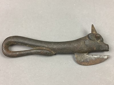 Lot 240 - A VICTORIAN IRON BULL TIN OPENER, WOOD CRATE AND OTHER ITEMS