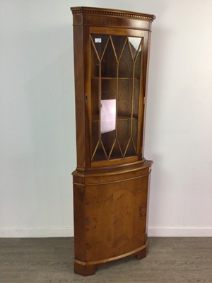 Lot 246 - A YEW WOOD CORNER CABINET AND A BOOKCASE