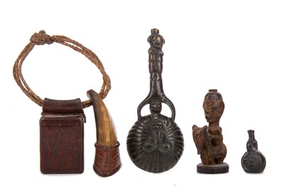 Lot 75 - AN AFRICAN TRIBAL BRONZE CEREMONIAL SPOON, TWO WOODEN AKAN FIGURES AND A TALISMAN