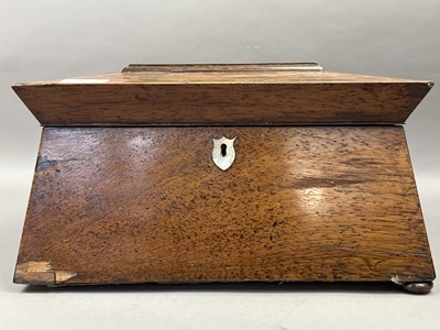 Lot 306 - A 19TH CENTURY MAHOGANY SARCOPHAGUS SHAPED TEA CADDY